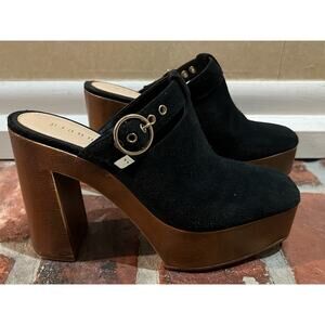 Gianni Bini Sotelo Suede Black Mules Buckle Platform Chunky Heels Size 8.5